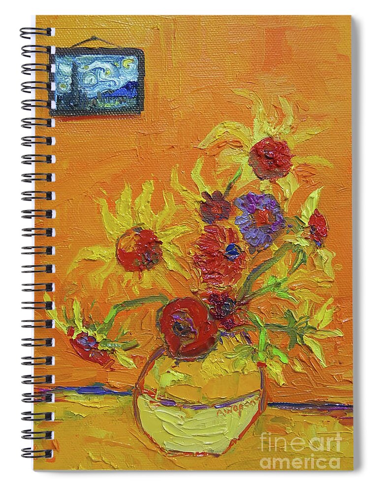 Van Gogh Starry Night Spiral Notebook featuring the painting Van Gogh Starry Night Sunflowers Inspired Modern Impressionist by Patricia Awapara