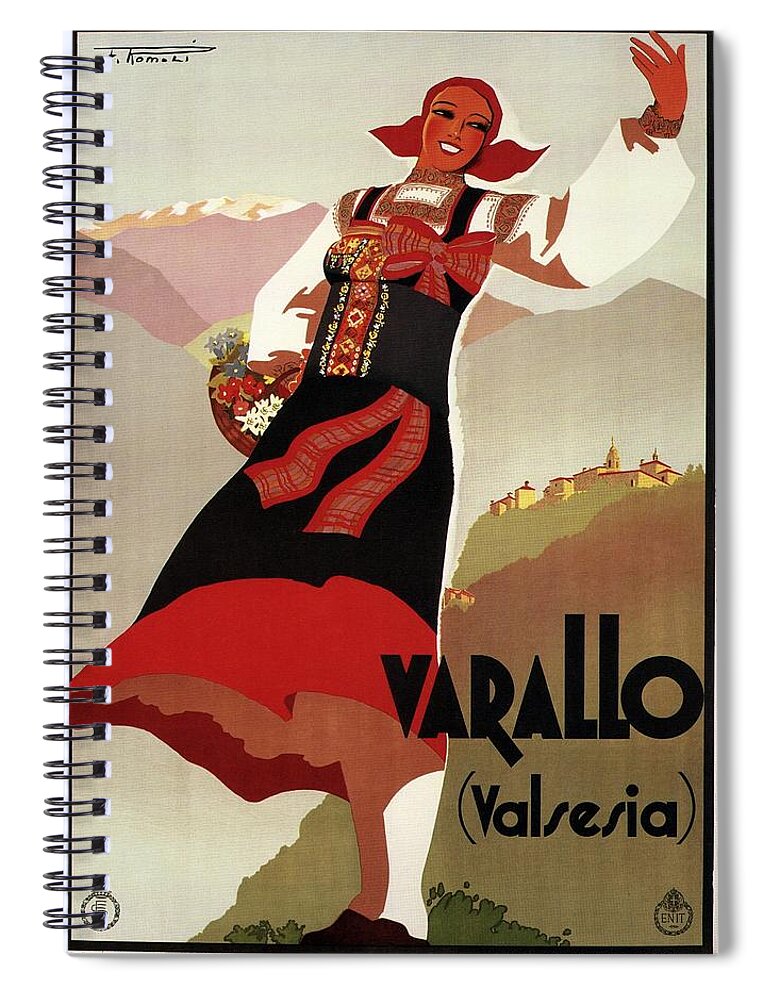 Varallo Spiral Notebook featuring the mixed media Varallo, Valsesia, Italy - Woman in Traditional Dress - Retro travel Poster - Vintage Poster by Studio Grafiikka