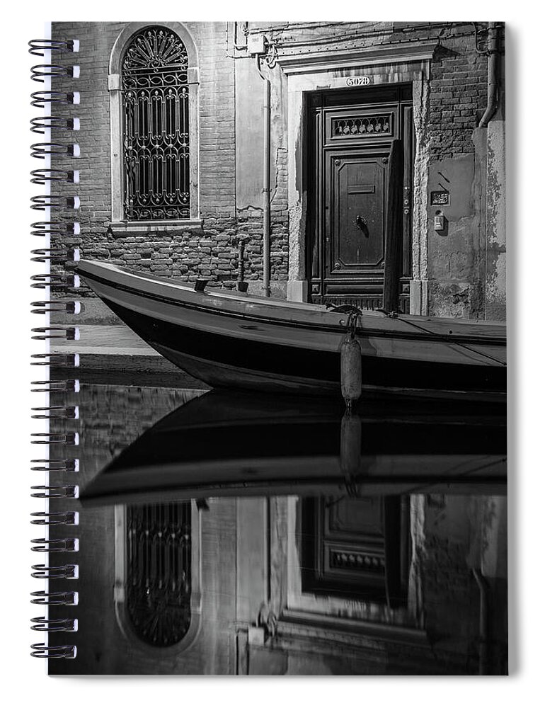 B&w Spiral Notebook featuring the photograph Venice Canal Reflection at Night by John McGraw