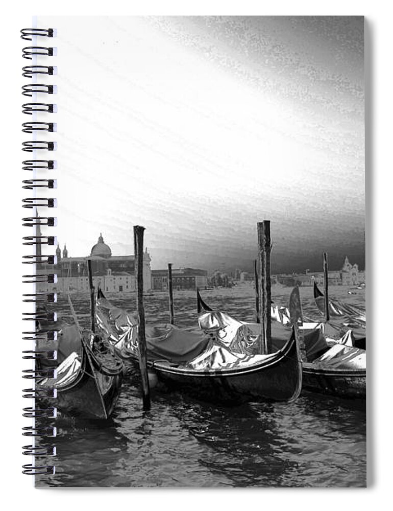 Gondolas Spiral Notebook featuring the photograph Venice gondolas black and white by Rebecca Margraf