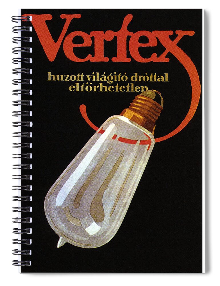 Vertex Spiral Notebook featuring the mixed media Vertex - Huzott vilagito drottal eltorhetetlen - Vintage German Bulb Advertising Poster by Studio Grafiikka