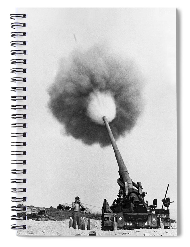 1 Person Spiral Notebook featuring the photograph Vietnam Artillery Firing by Underwood Archives