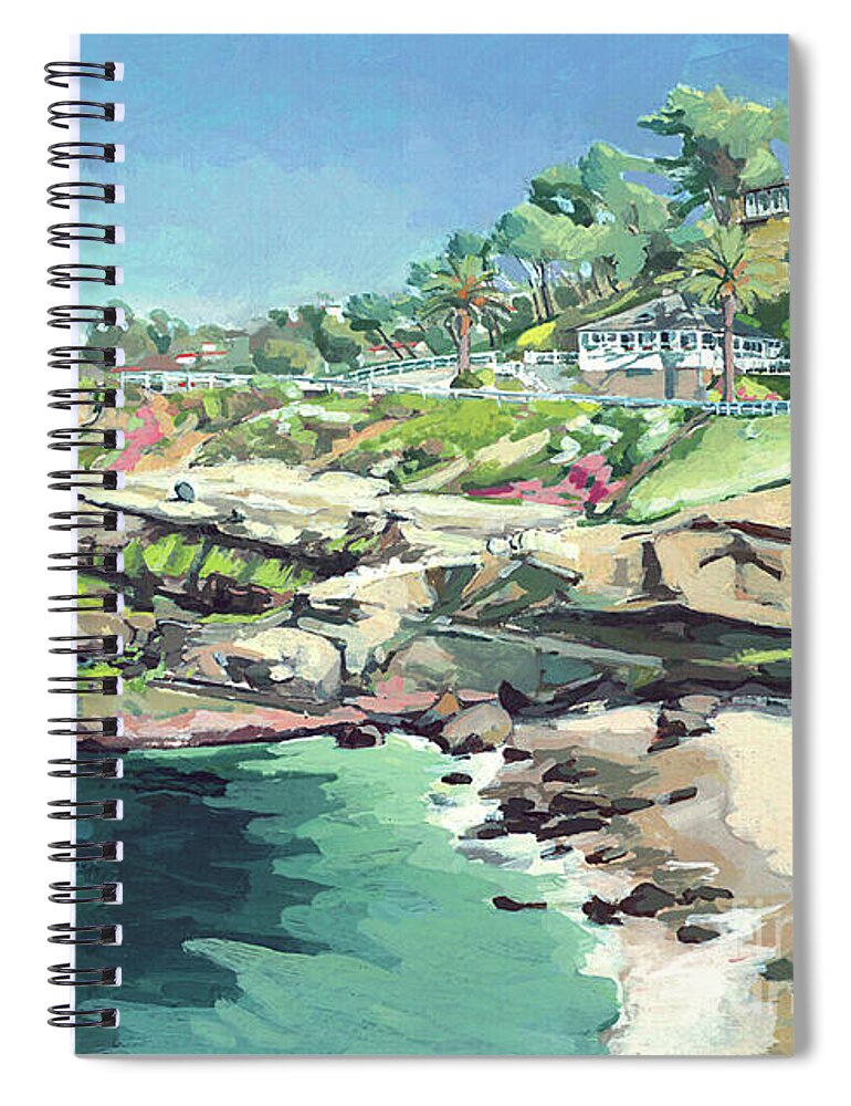 Brockton Villa Spiral Notebook featuring the painting La Jolla Cove at Brockton Villa San Diego California by Paul Strahm