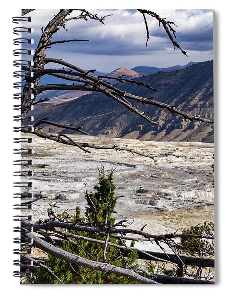 America Spiral Notebook featuring the photograph View of the travertine and mountains from the pathway at Mammoth Hot Springs by Roslyn Wilkins