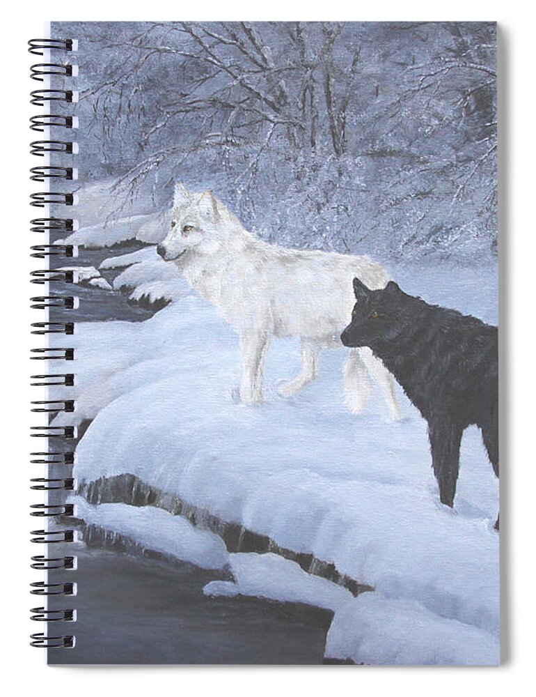 North American Wildlife Spiral Notebook featuring the painting Vigilance - Wolves by Johanna Lerwick