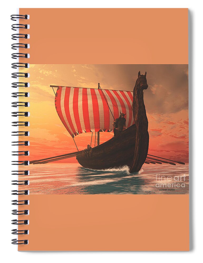 Viking Spiral Notebook featuring the painting Viking Man and Longship by Corey Ford