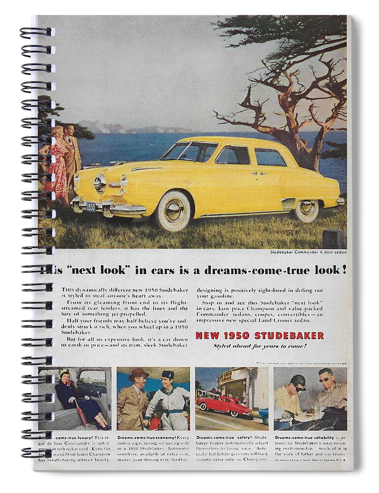 James Smullins Spiral Notebook featuring the mixed media Vintage 1950 Studebaker ad by James Smullins