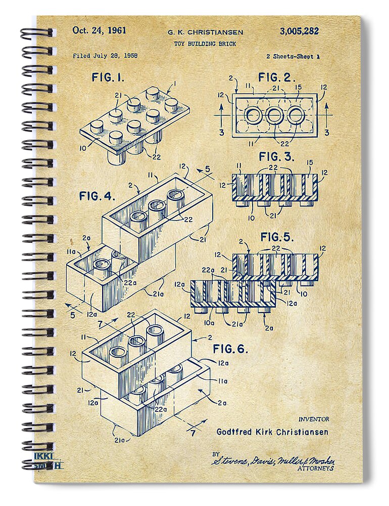 Toy Spiral Notebook featuring the drawing Vintage 1961 Toy Building Brick Patent Art by Nikki Marie Smith