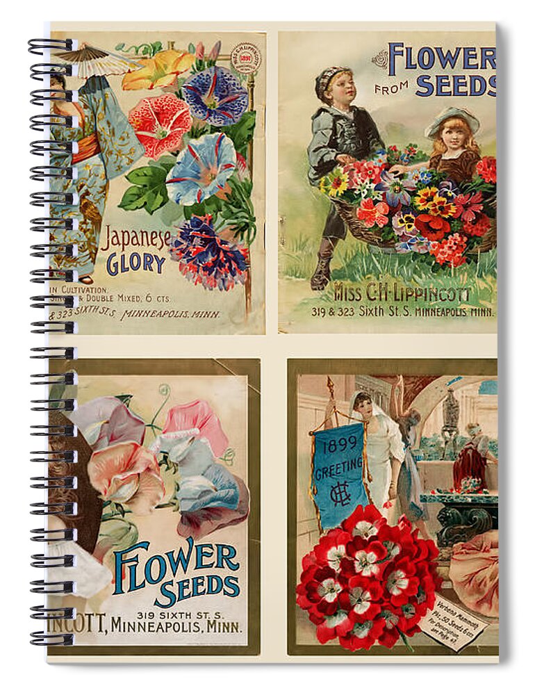 Vintage Spiral Notebook featuring the drawing Vintage Flower Seed Packets by Peggy Collins