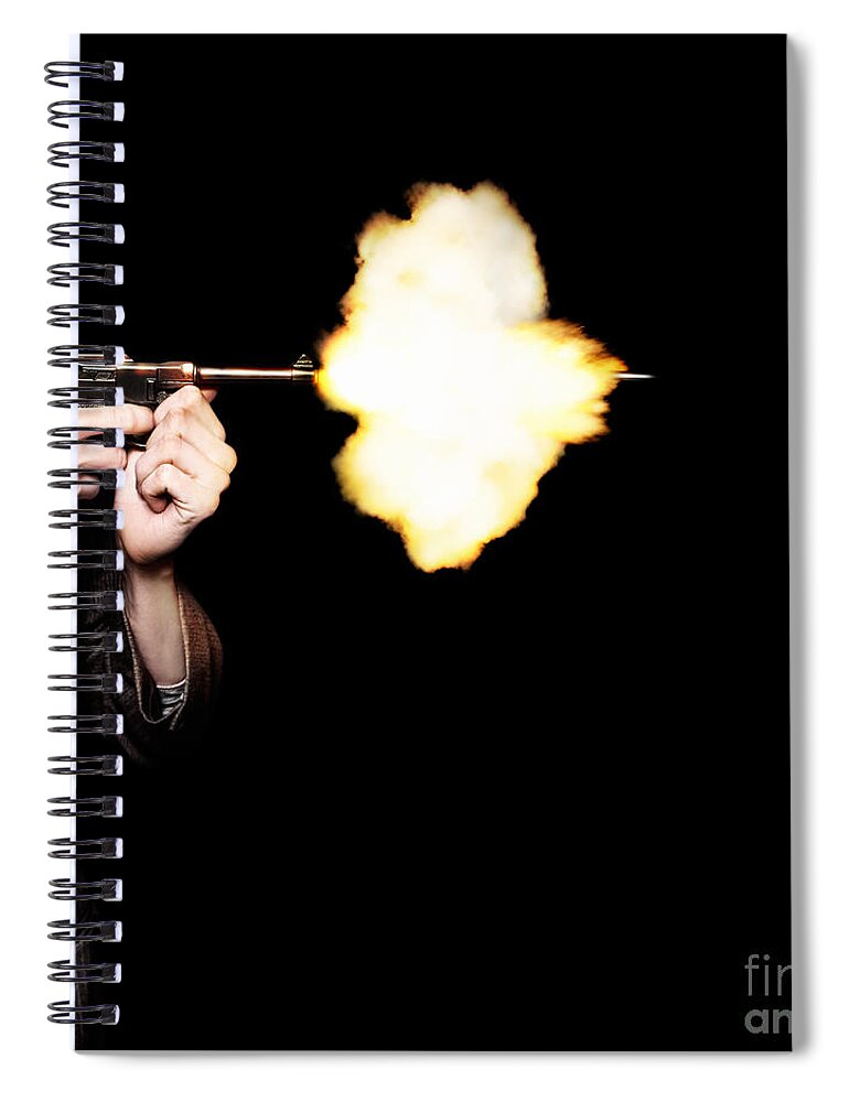Gangster Spiral Notebook featuring the photograph Vintage Gangster Man Shooting Gun On Black by Jorgo Photography