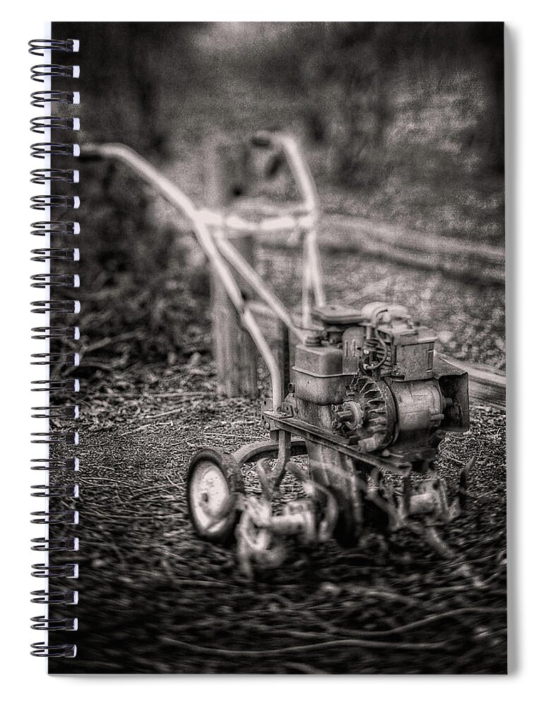 Antique Spiral Notebook featuring the photograph Vintage Garden Rototiller Near Split Rail Fence in Black and Whi by YoPedro