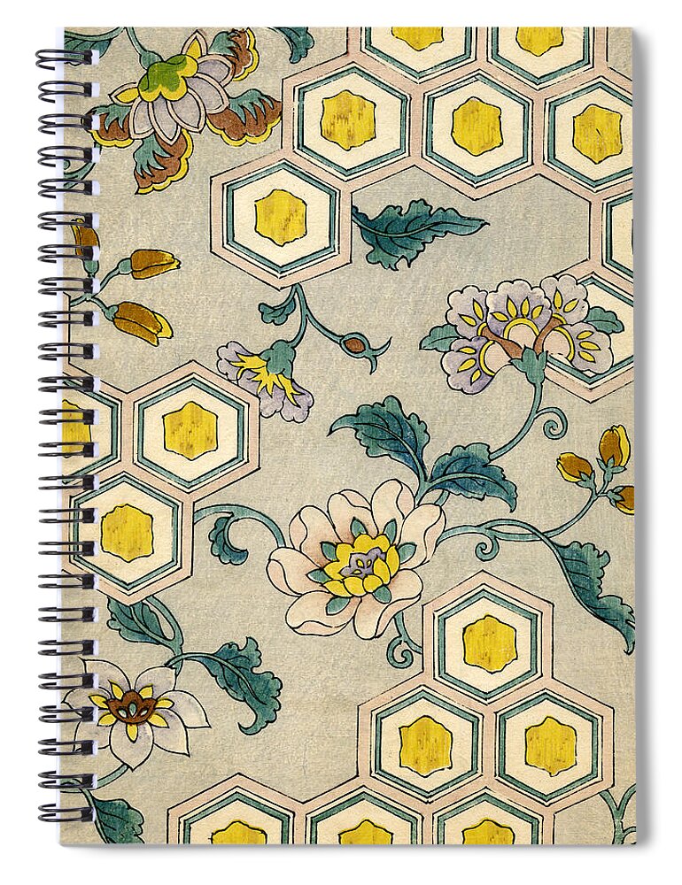 #faatoppicks Spiral Notebook featuring the painting Vintage Japanese illustration of blossoms on a honeycomb background by Japanese School