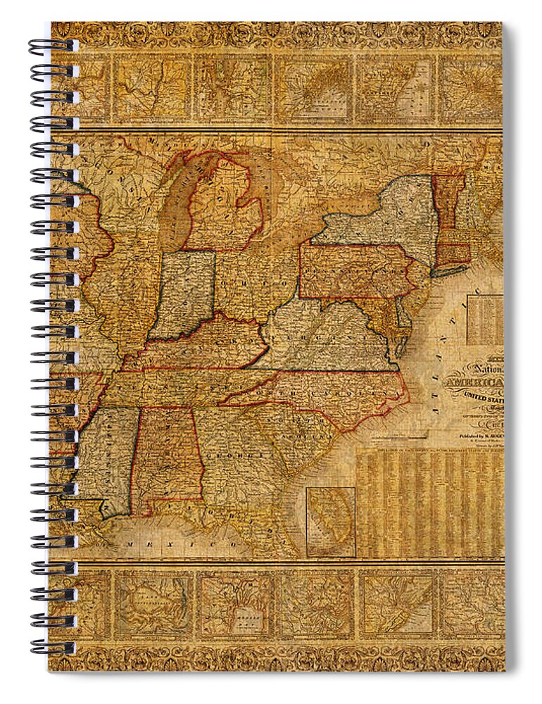 Vintage Spiral Notebook featuring the mixed media Vintage Map of the United States of America USA Circa 1845 on Worn Distressed Parchment by Design Turnpike