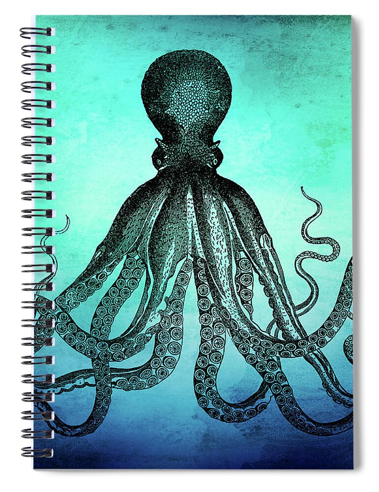 Octopus Spiral Notebook featuring the digital art Vintage Octopus on Blue Green Watercolor by Peggy Collins