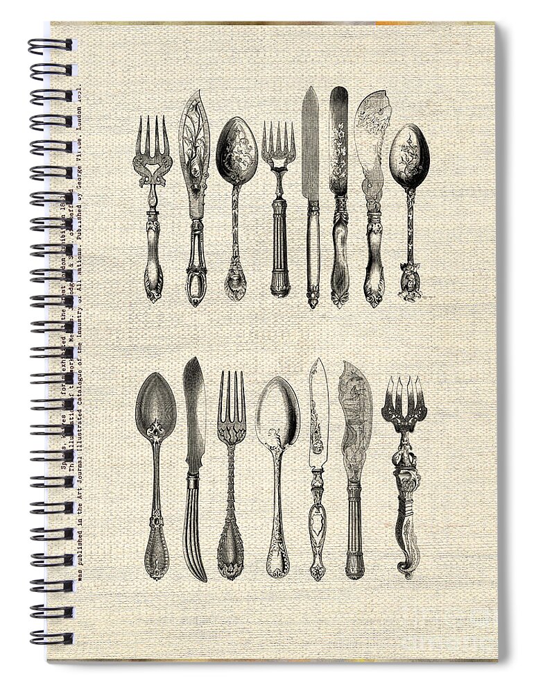 Vintage Spiral Notebook featuring the drawing Vintage Silverware by Ariadna De Raadt