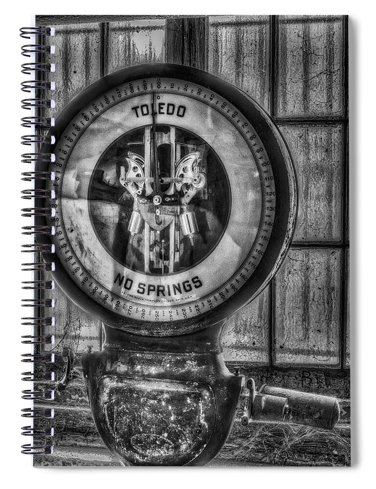 Toledo No Springs Scale Spiral Notebook featuring the photograph Vintage Toledo No Springs Scale BW by Susan Candelario