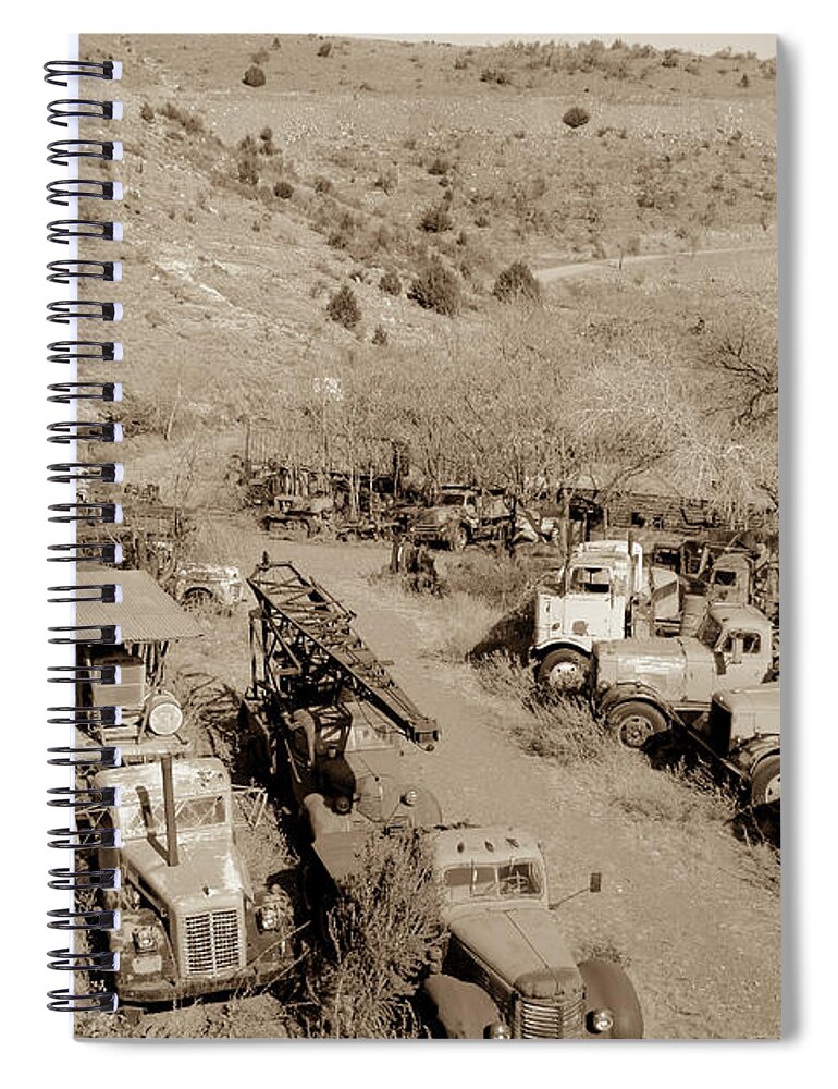 Vintage Spiral Notebook featuring the digital art Vintage Truck Yard2 by Darrell Foster