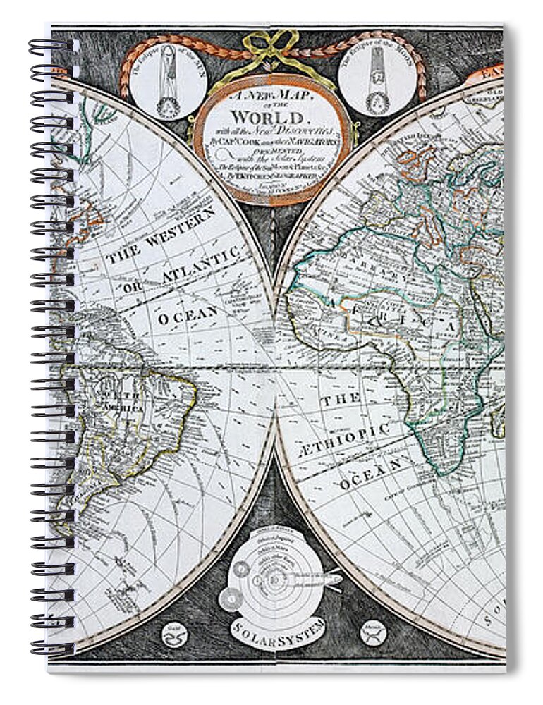 Map Spiral Notebook featuring the drawing Vintage world map by Capt Cook 1799 Restored by Vintage Treasure