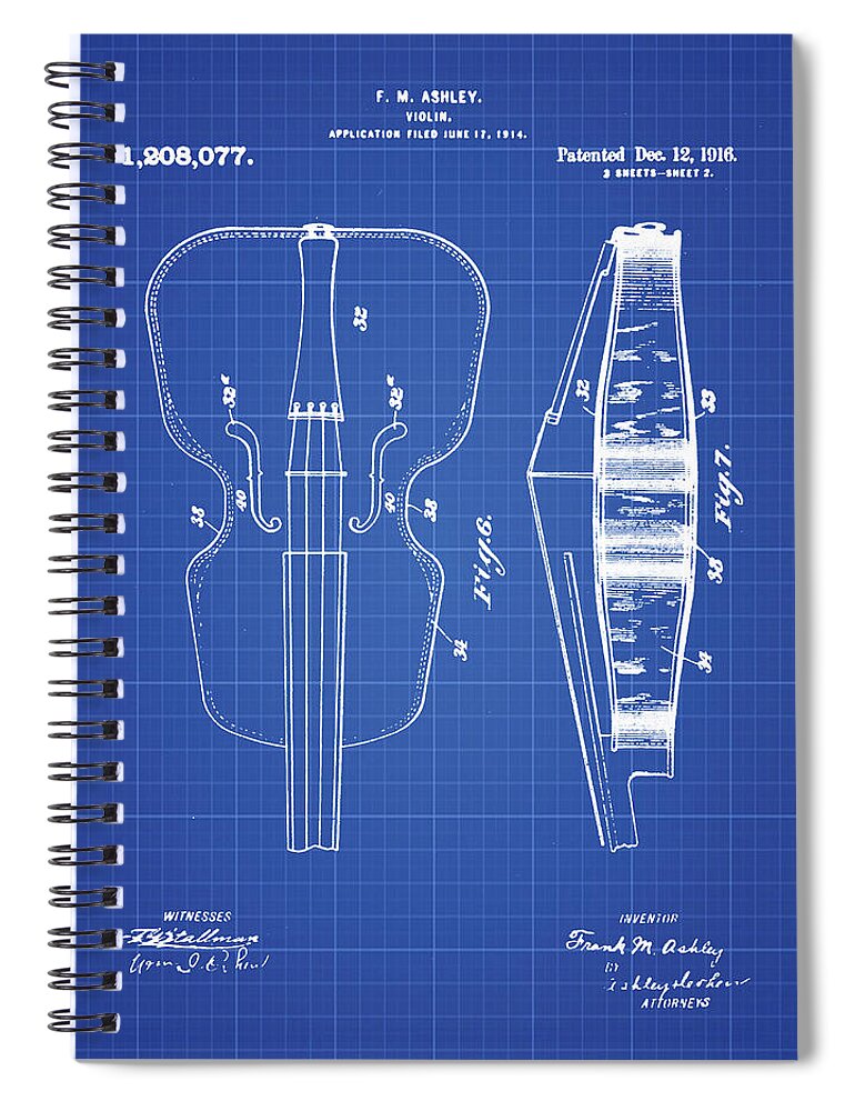 Violin Spiral Notebook featuring the photograph Violin Patent 1916 Blueprint by Digital Reproduction