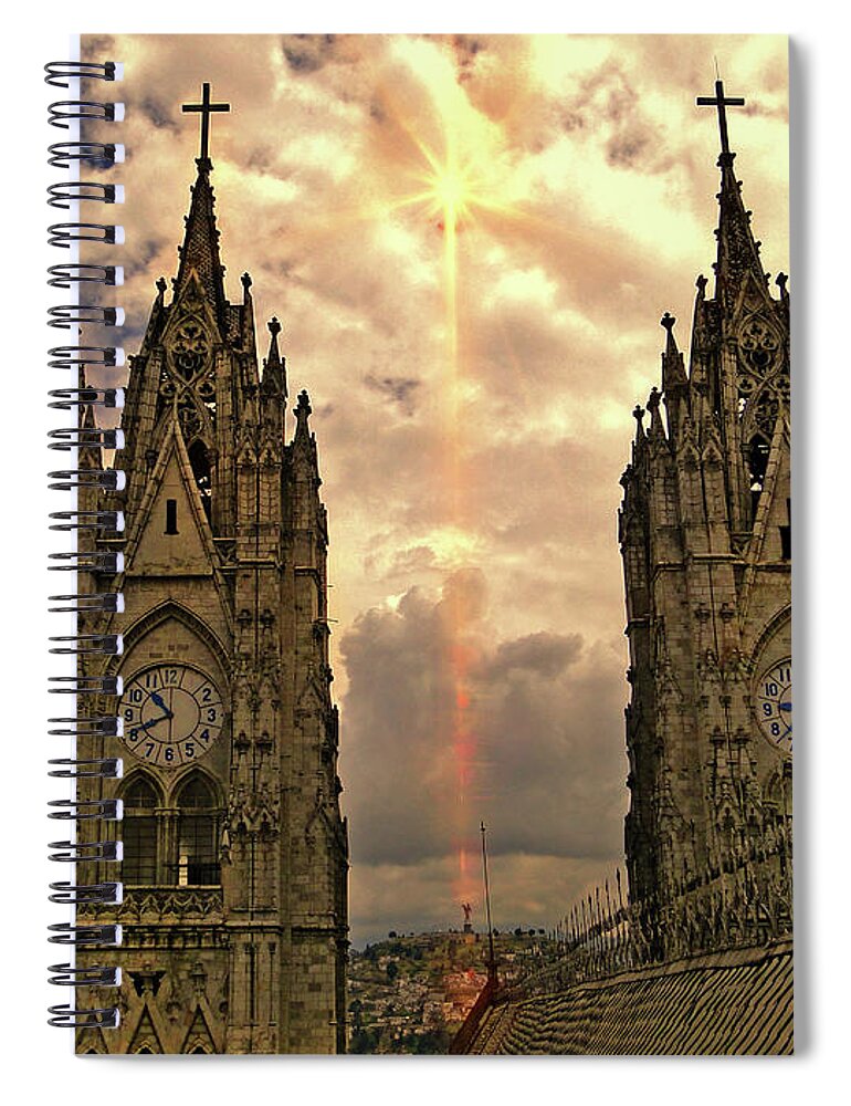 Light Spiral Notebook featuring the photograph Virgen de El Panecillo and Basilica del Voto Nacional II by Al Bourassa