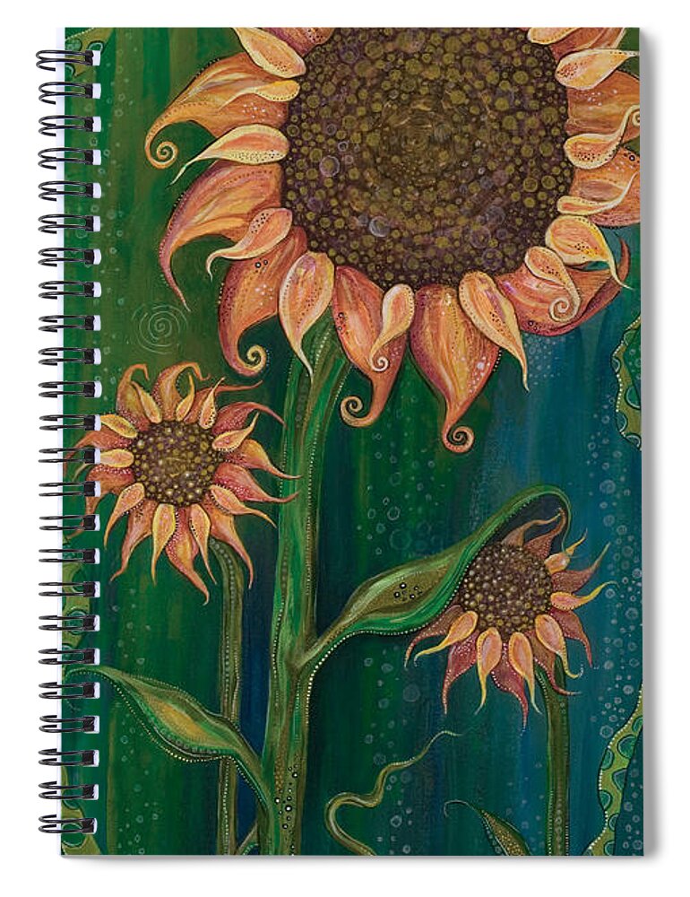 Sunflowers On Green Background Spiral Notebook featuring the painting Vivacious by Tanielle Childers