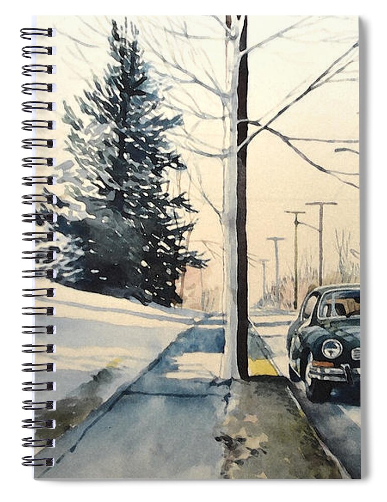 Volkswagen Spiral Notebook featuring the painting Volkswagen Karmann Ghia on snowy road by Christopher Shellhammer