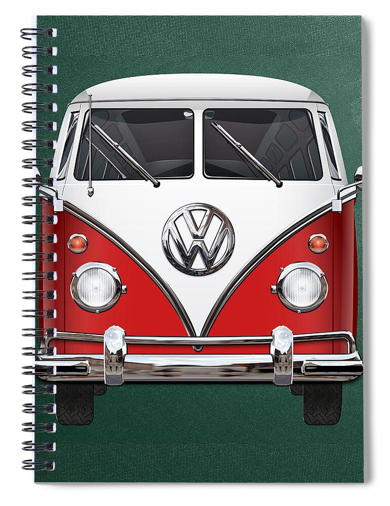 'volkswagen Type 2' Collection By Serge Averbukh Spiral Notebook featuring the digital art Volkswagen Type 2 - Red and White Volkswagen T 1 Samba Bus over Green Canvas by Serge Averbukh