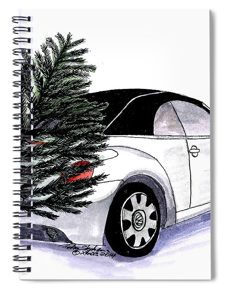 Vw Spiral Notebook featuring the painting VW beetle Christmas by Petra Stephens