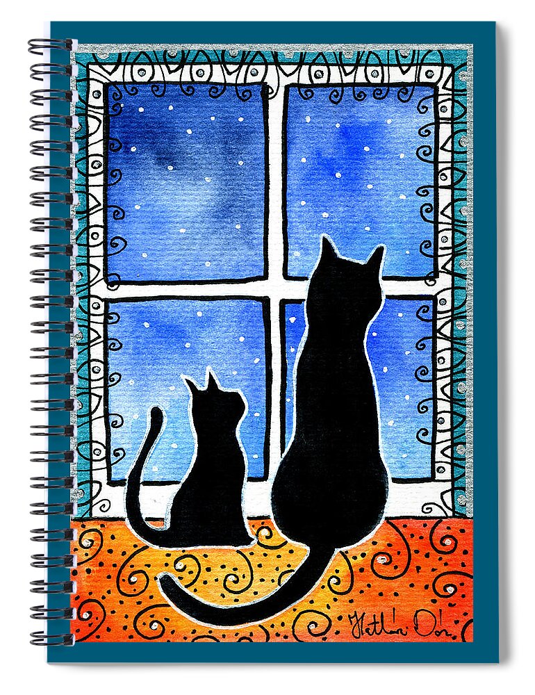 Waiting For Spring Spiral Notebook featuring the painting Waiting For Spring - Black Cat Card by Dora Hathazi Mendes