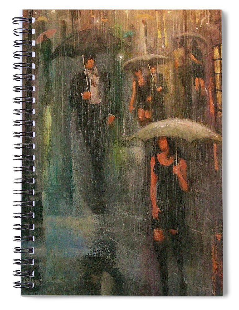  Downpour Spiral Notebook featuring the painting Walking in the Rain by Tom Shropshire