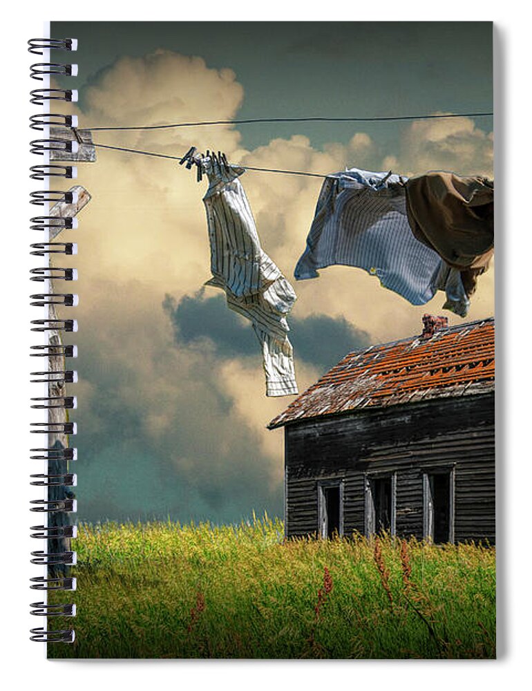 Clothes Spiral Notebook featuring the photograph Wash on the Line by Abandoned House by Randall Nyhof