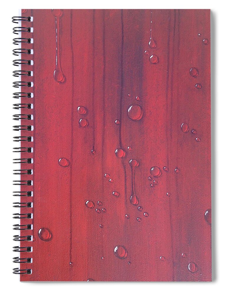 Red Spiral Notebook featuring the painting Water Drops on Red by Teresa Fry