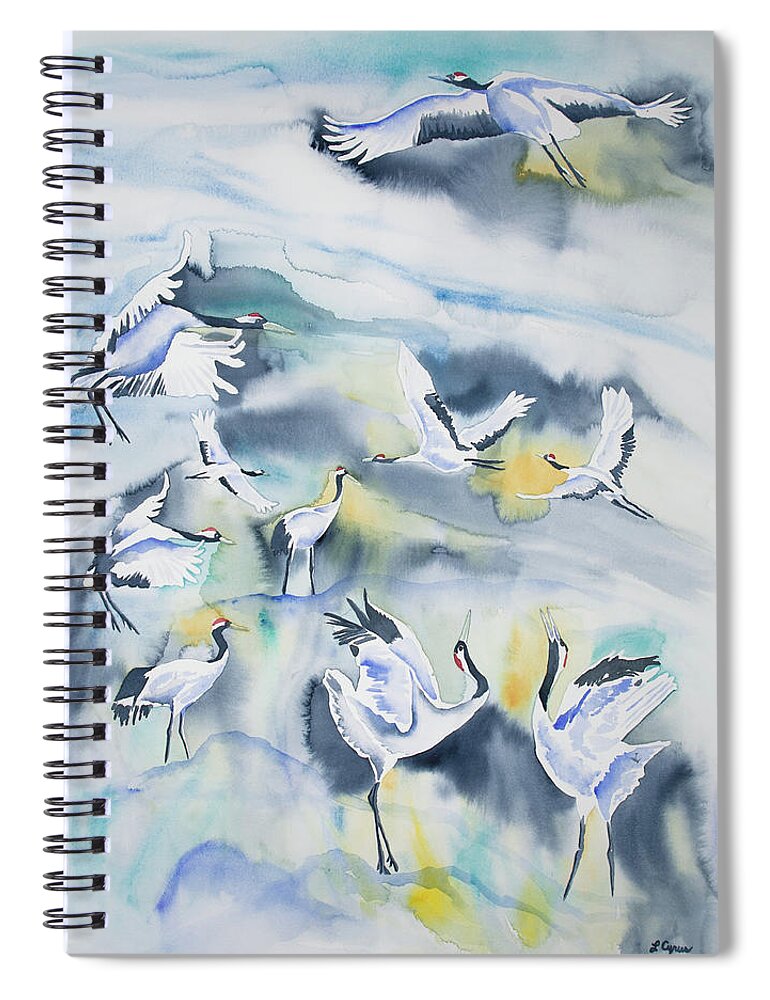 Crane Spiral Notebook featuring the painting Watercolor - Crane Ballet by Cascade Colors
