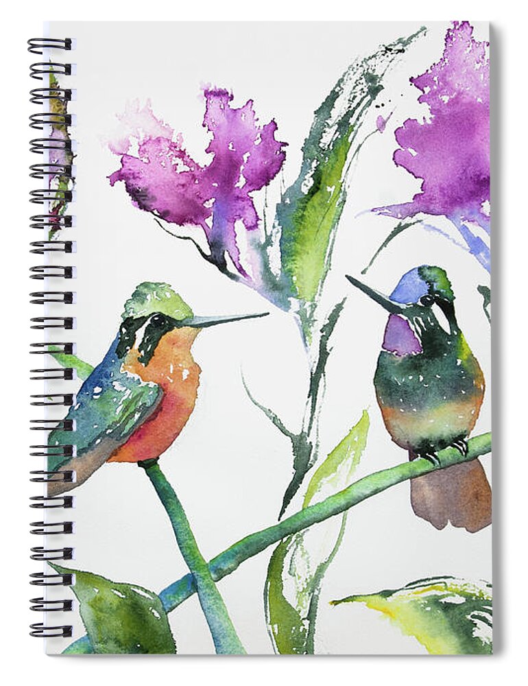 Purple-throated Mountain Gem Spiral Notebook featuring the painting Watercolor - Purple-throated Mountain Gems and Flowers by Cascade Colors