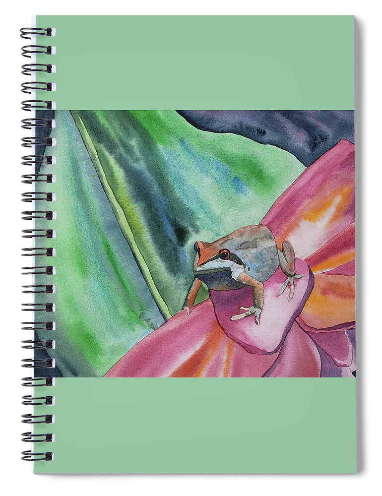 Tree Frog Spiral Notebook featuring the painting Watercolor - Small Tree Frog on a Colorful Flower by Cascade Colors