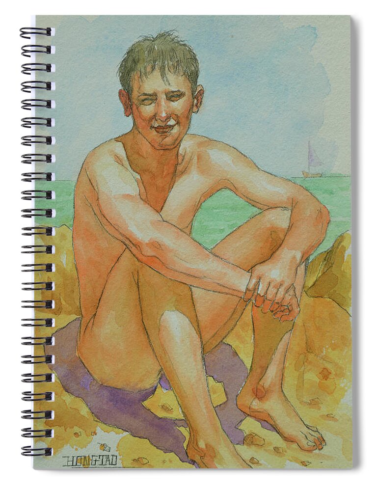 Male Nude Spiral Notebook featuring the painting Watercolour Male Nude -seaside #18066 by Hongtao Huang