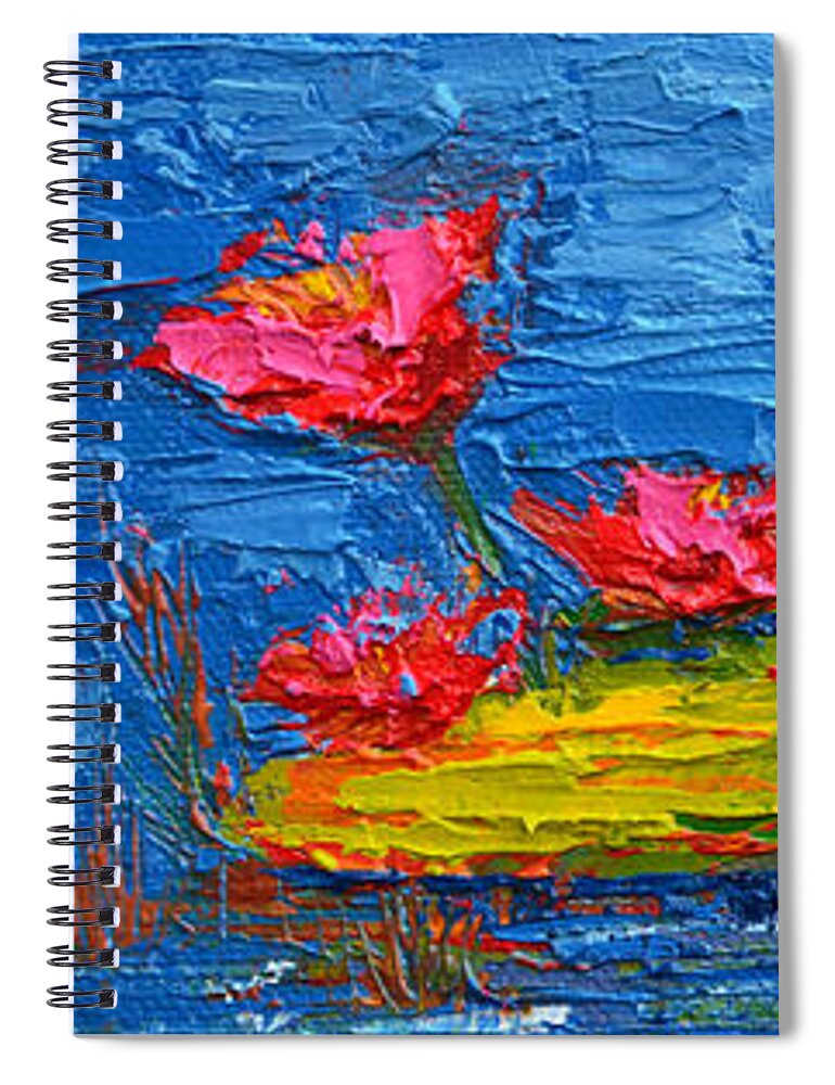 Waterlilies Pond Panoramic View Of Lily Pads Oil On Canvas Spiral Notebook featuring the painting Waterlilies Pond Panoramic View of Lily Pads -Modern Impressionist Knife Palette Oil Painting by Patricia Awapara