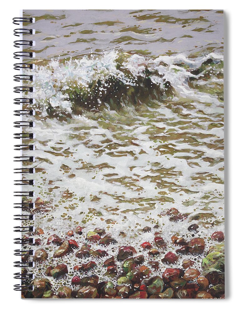 Beach Spiral Notebook featuring the painting Wave and Colorful Pebbles by Martin Davey