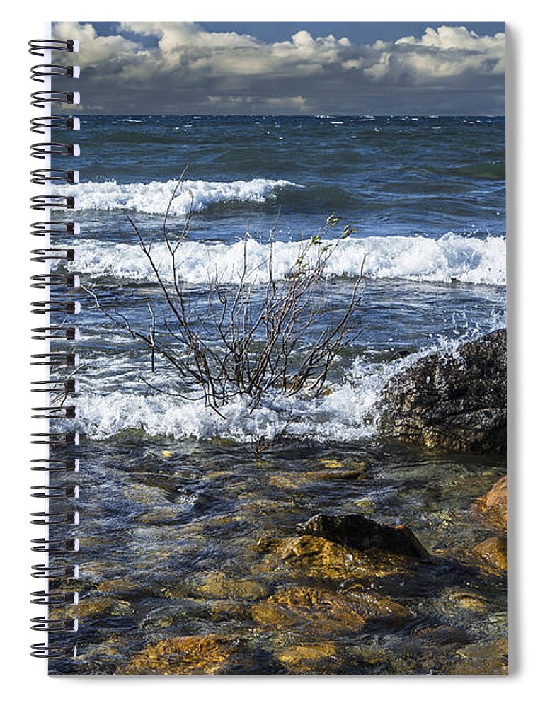 Grand Traverse Bay Spiral Notebook featuring the photograph Waves crashing ashore at Northport Point on Lake Michigan by Randall Nyhof