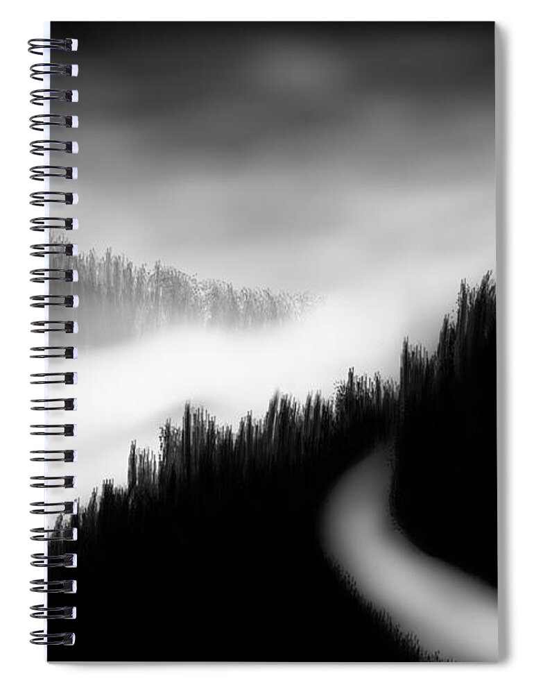 Mystery Nature Mobile Wallpaper Art Print Phone Case T-shirt Beautiful Duvet Case Pillow Tote Bags Shower Curtain Greeting Cards Fog Mist Hills Mountains Woods Nature Painting Black White Haunted Ghost Halloween Road Forest Clouds Spiral Notebook featuring the digital art Way to the unknown by Salman Ravish