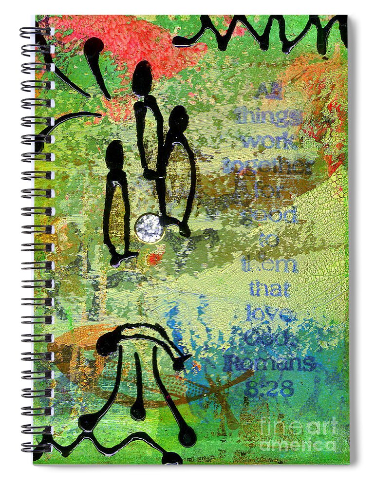 Greeting Cards Spiral Notebook featuring the mixed media We Believe Romans 8 28 by Angela L Walker