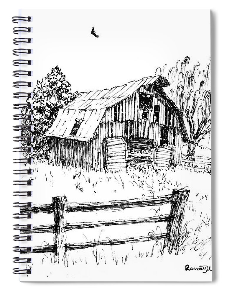 Weeping Willow Spiral Notebook featuring the drawing Weeping Willow and Barn One by Randy Welborn