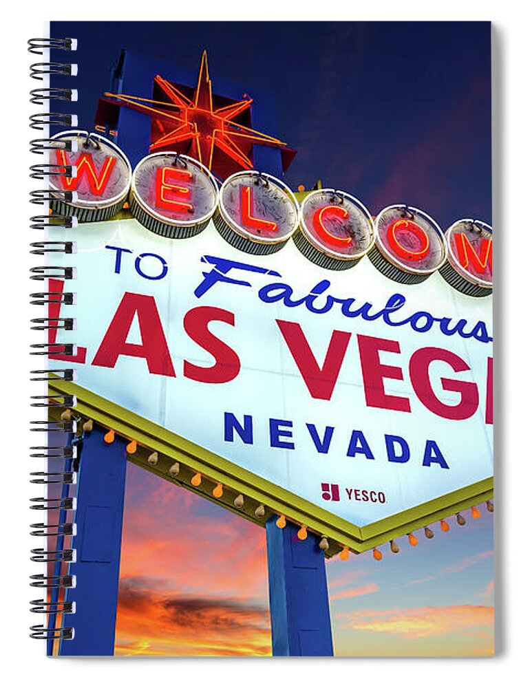 Welcome To Las Vegas Spiral Notebook featuring the photograph Welcome to Las Vegas Sign at Dawn Wide by Aloha Art