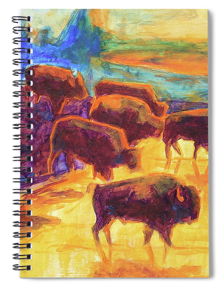 Western Buffalo Art Spiral Notebook featuring the painting Western Buffalo Art Bison Creek Sunset Reflections painting T Bertram Poole by Thomas Bertram POOLE