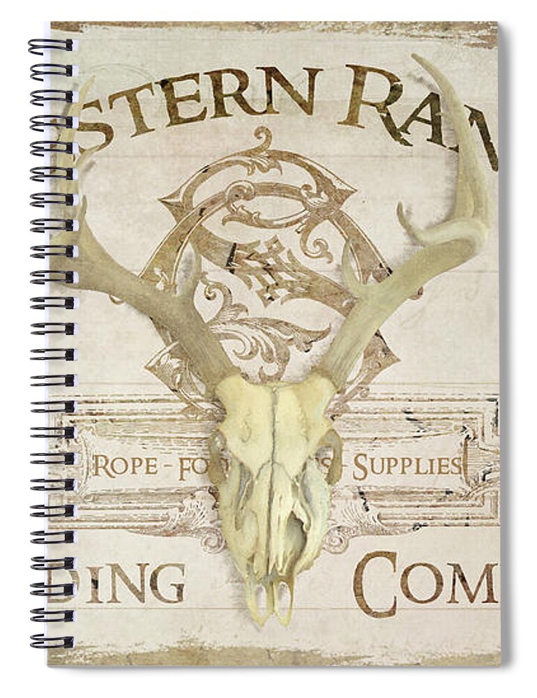 Western Spiral Notebook featuring the painting Western Range 3 Old West Deer Skull Wooden Sign Trading Company by Audrey Jeanne Roberts