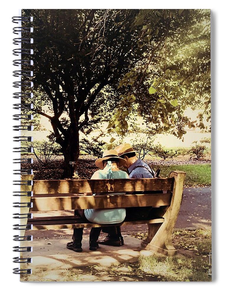 Couple Spiral Notebook featuring the photograph Whispers on the Bench by Onedayoneimage Photography