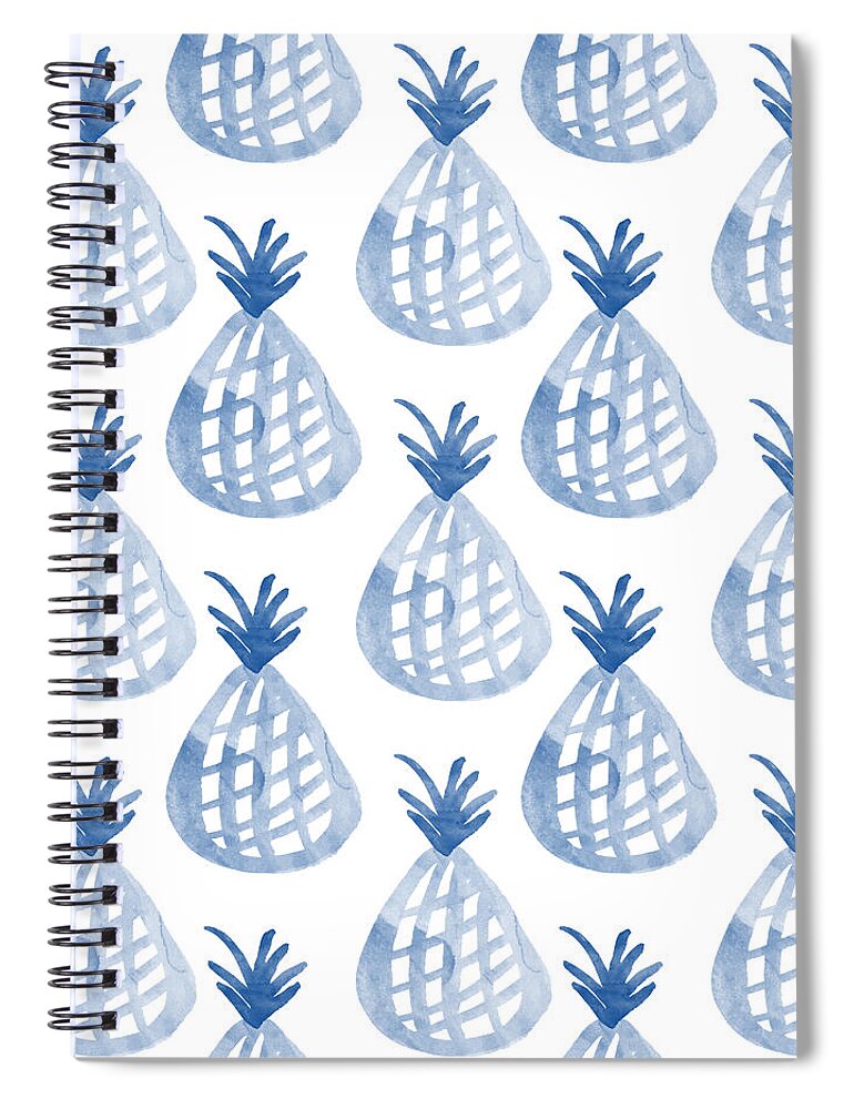 Pineapple Spiral Notebook featuring the mixed media White and Blue Pineapple Party by Linda Woods