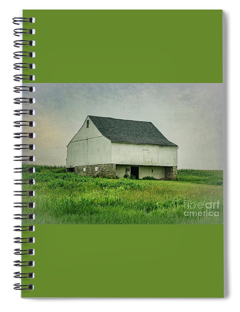 Green Spiral Notebook featuring the photograph White Barn by Debra Fedchin