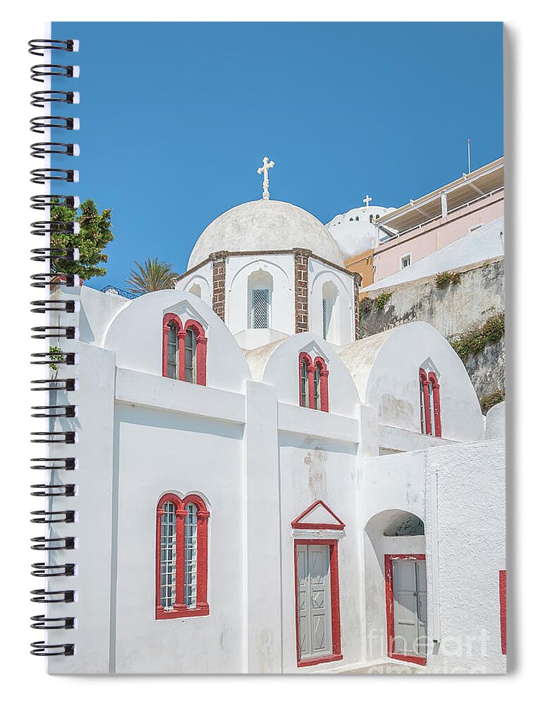 Cyclades Spiral Notebook featuring the photograph White Church at Fira by Antony McAulay