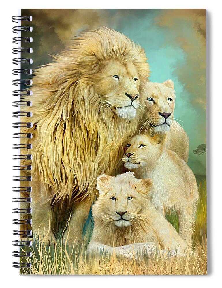 Carol Cavalaris Spiral Notebook featuring the mixed media White Lion Family - Unity by Carol Cavalaris